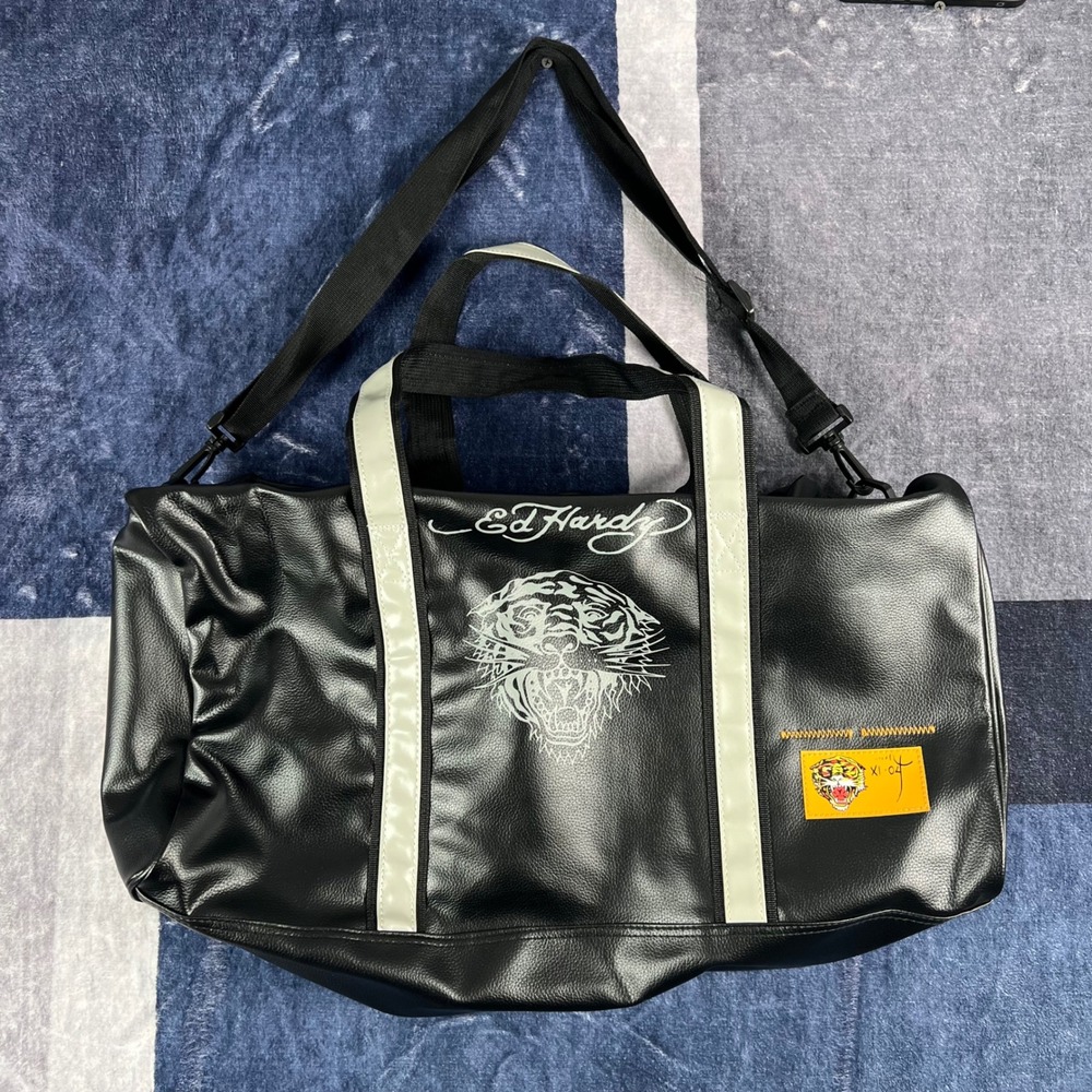 Ed Hardy Mens Black Faux Leather Tiger Graphic Duffel Bag Y2K Travel Gym Bag